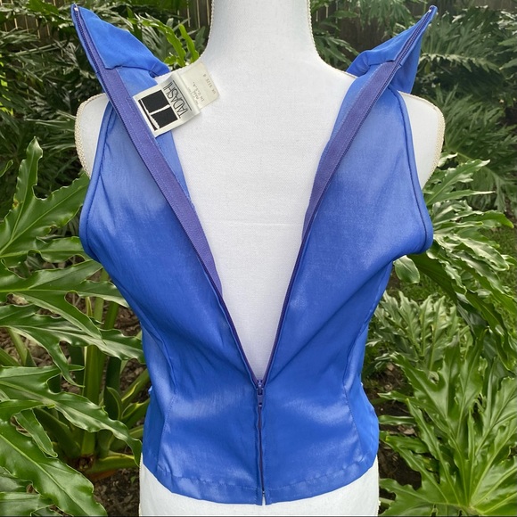 TADASHI shimmering blue plunging neck line roughed front collared cropped top - Picture 7 of 16